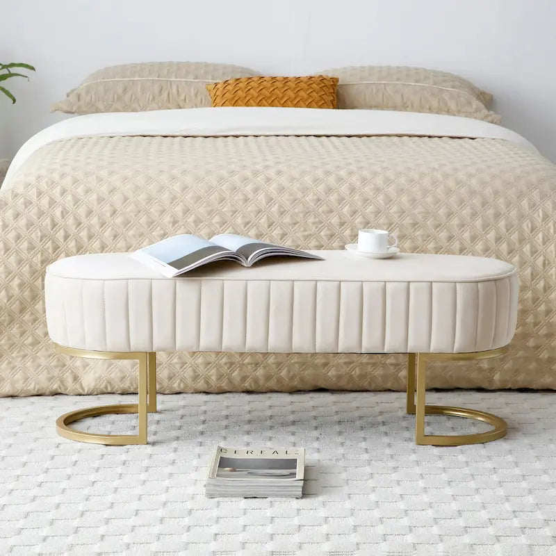 Velvet Oval Upholstered Bench with Golden Metal Legs ,48 Modern Storage Ottoman Bench