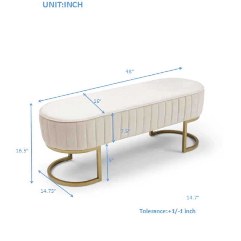 Velvet Oval Upholstered Bench with Golden Metal Legs ,48 Modern Storage Ottoman Bench
