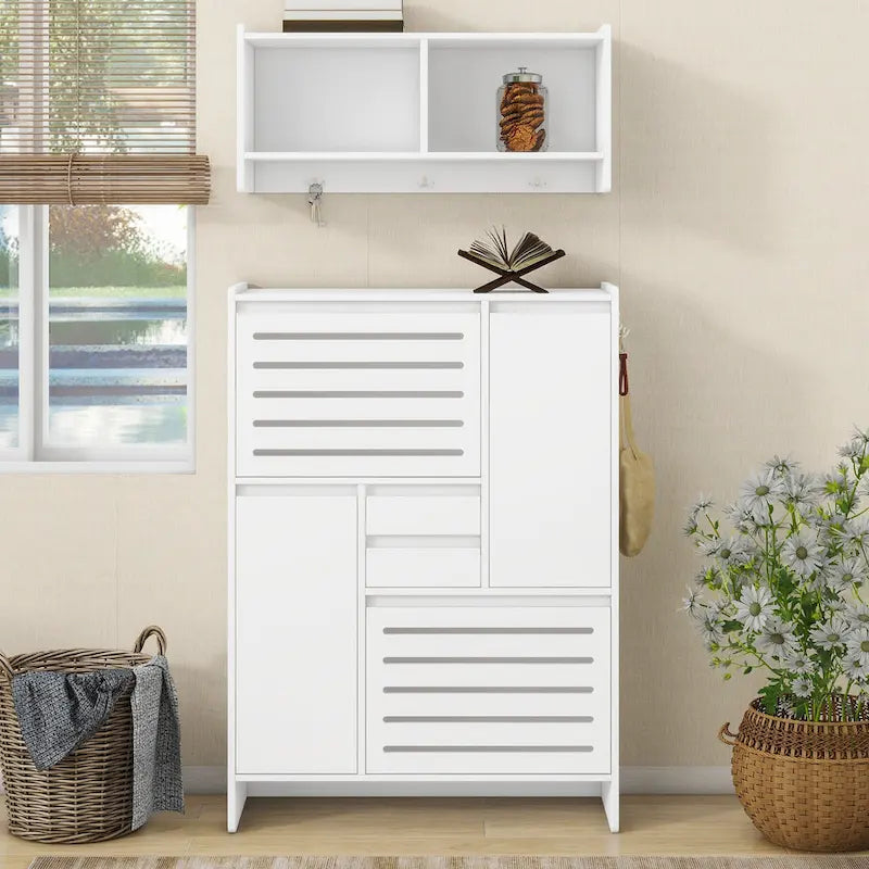 Multi-Functional Tipping Bucket Shoe Cabinet with Wall Cabinet, Space-saving Design Foyer Cabinet with 2 Flip Drawers