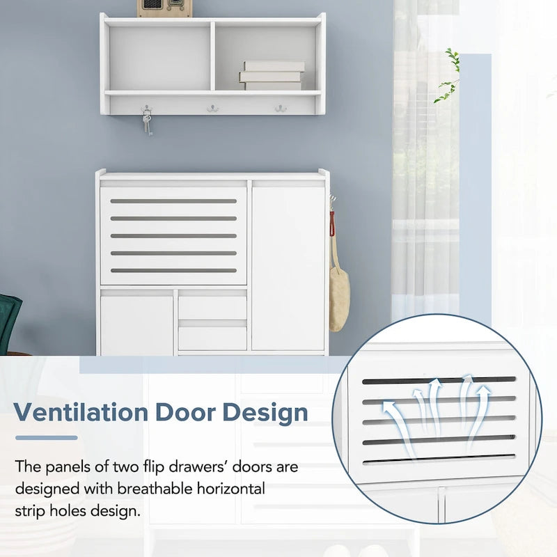 Multi-Functional Tipping Bucket Shoe Cabinet with Wall Cabinet, Space-saving Design Foyer Cabinet with 2 Flip Drawers