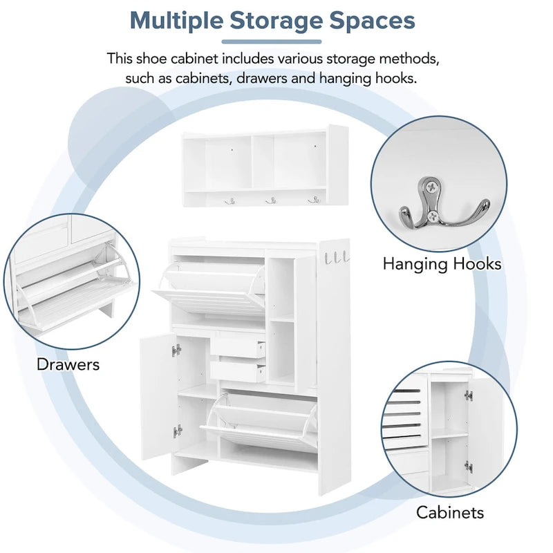 Multi-Functional Tipping Bucket Shoe Cabinet with Wall Cabinet, Space-saving Design Foyer Cabinet with 2 Flip Drawers