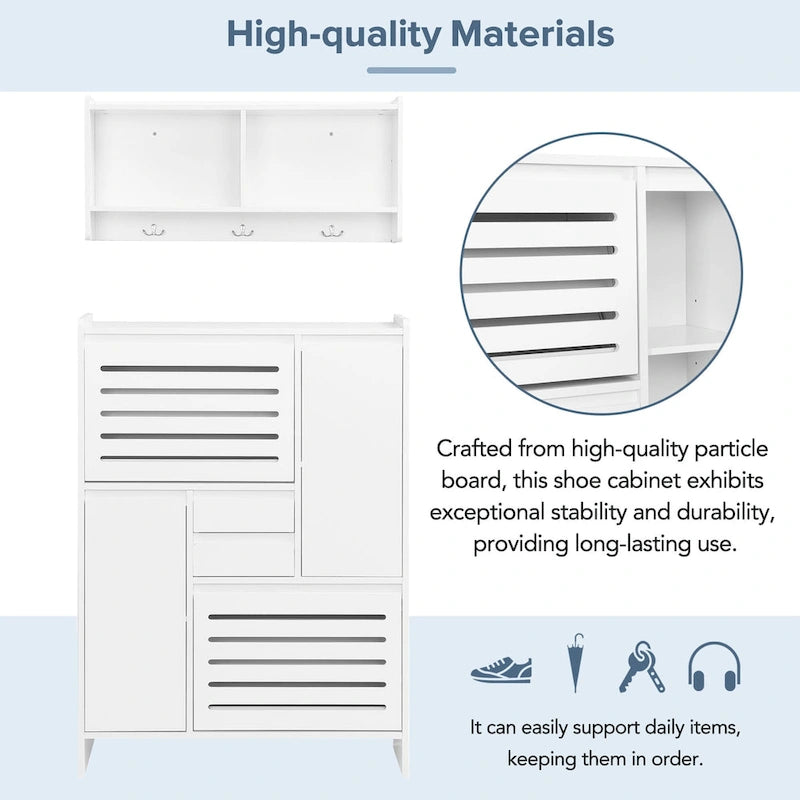 Multi-Functional Tipping Bucket Shoe Cabinet with Wall Cabinet, Space-saving Design Foyer Cabinet with 2 Flip Drawers