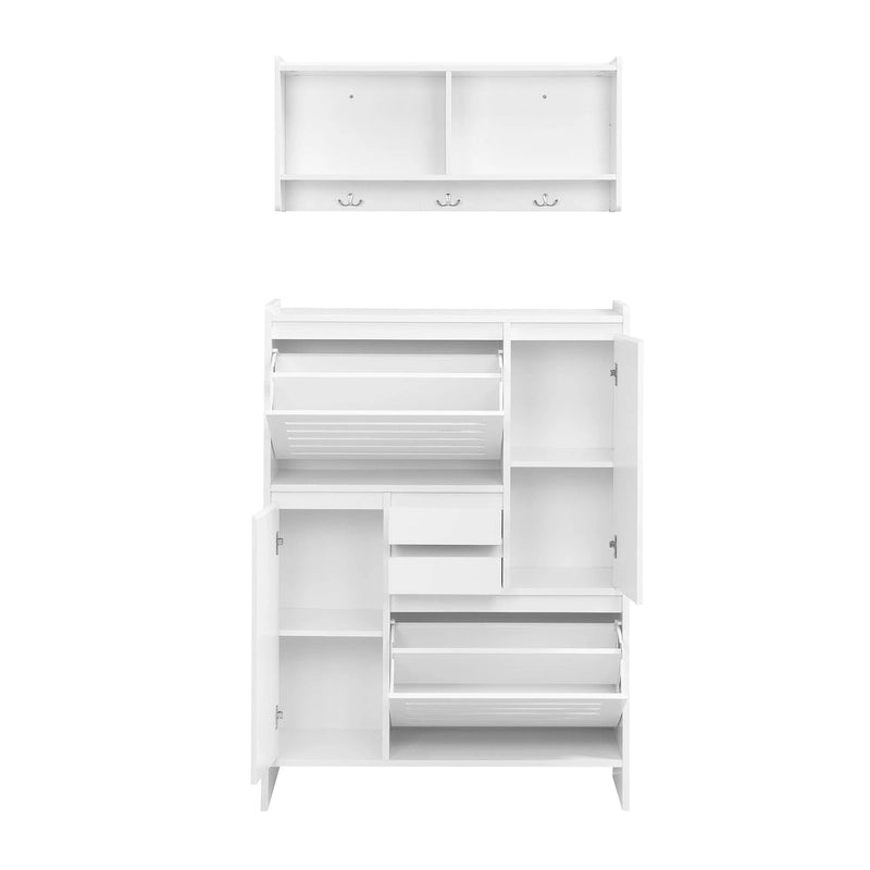 Multi-Functional Tipping Bucket Shoe Cabinet with Wall Cabinet, Space-saving Design Foyer Cabinet with 2 Flip Drawers