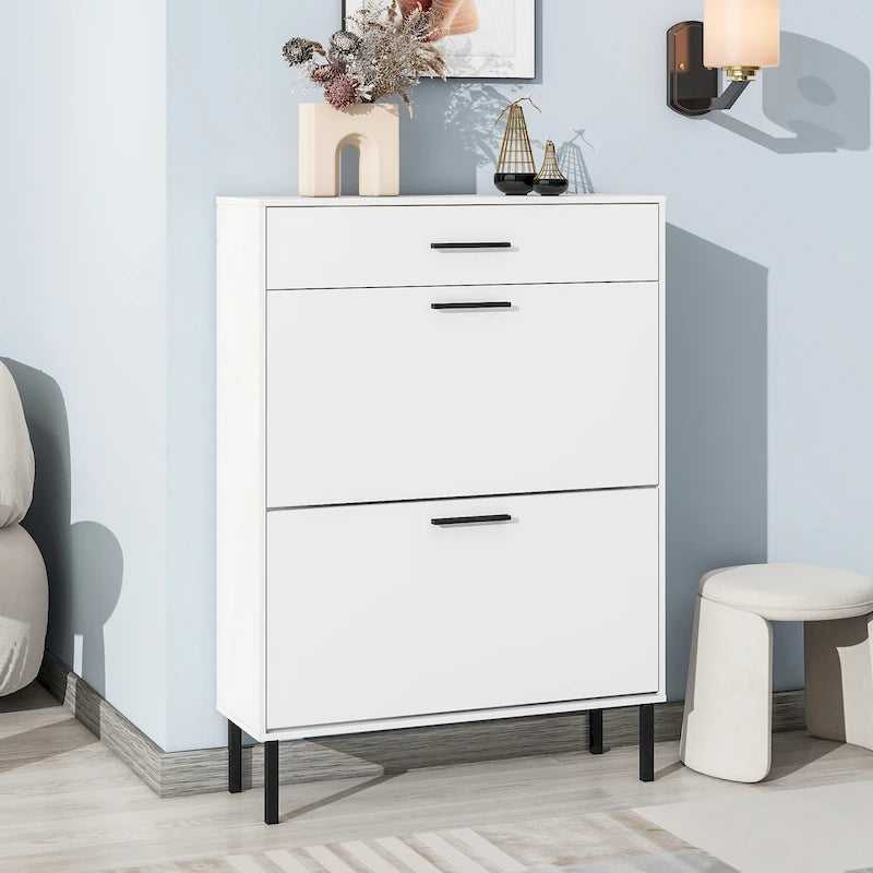 Organizador zapatero independiente con cajones y patas de metal, mueble zapatero moderno con 2 cajones abatibles