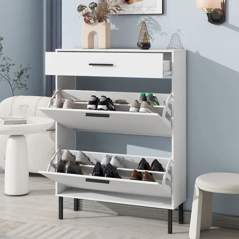 Organizador zapatero independiente con cajones y patas de metal, mueble zapatero moderno con 2 cajones abatibles