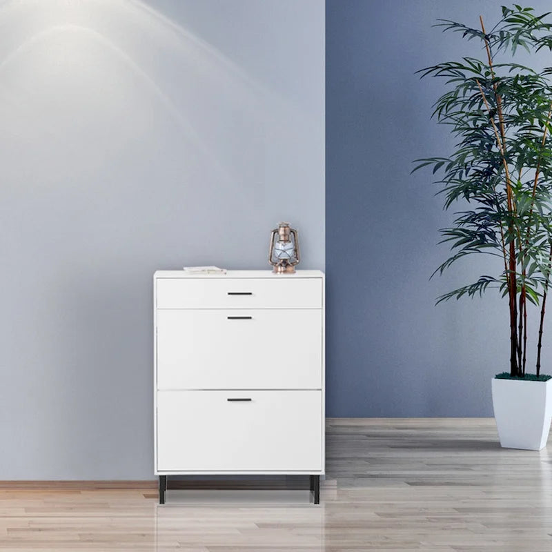 Organizador zapatero independiente con cajones y patas de metal, mueble zapatero moderno con 2 cajones abatibles