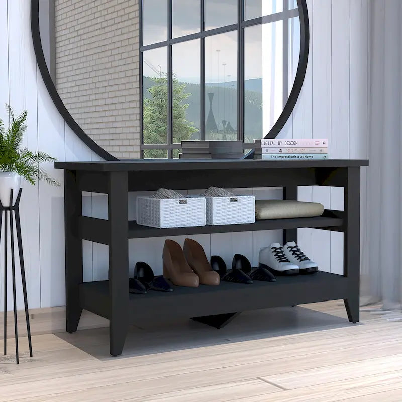 Storage Bench with 4 Legs and 2 Open Shelves