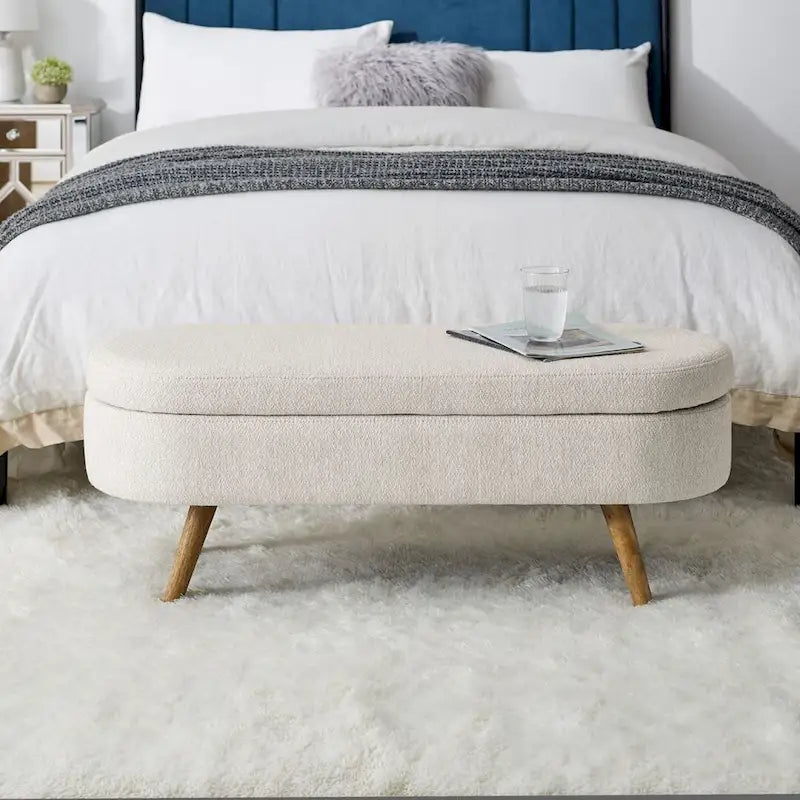 Ottoman Oval Storage Bench with Rubber Wood Legs Beige