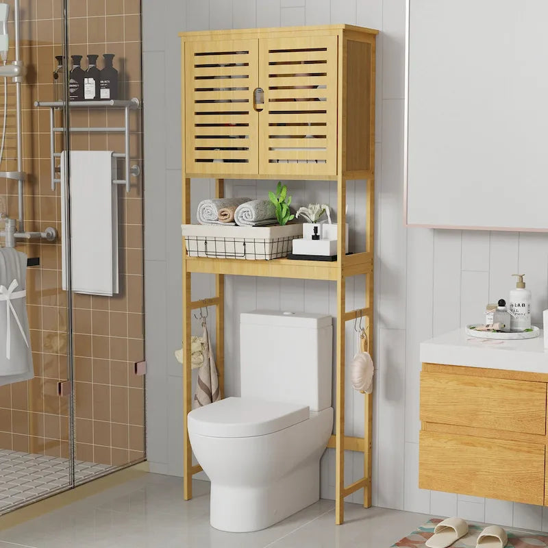 Bambus-Toilettenregal zur Aufbewahrung über der Toilette mit offenem Fach und Schrank