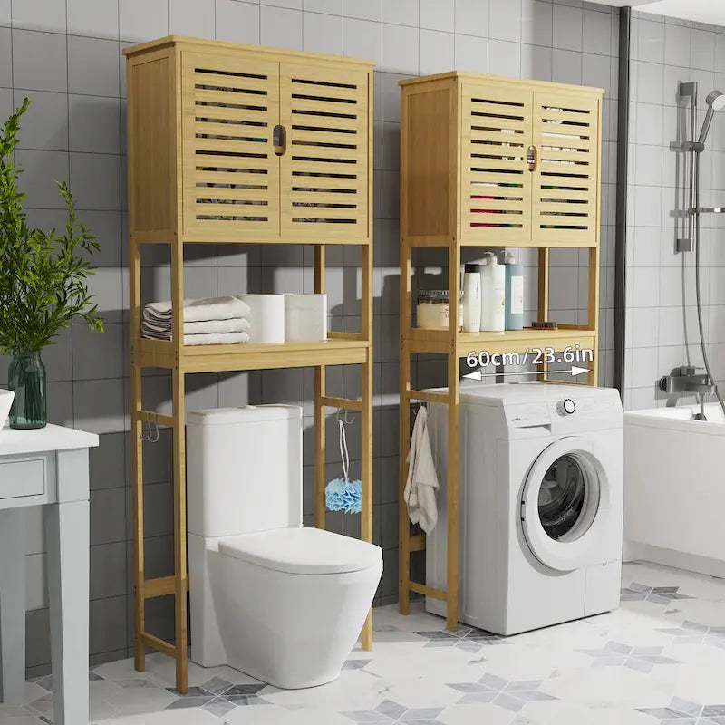 Over The Toilet Storage Bamboo Toilet Rack With Open Shelf and Cabinet
