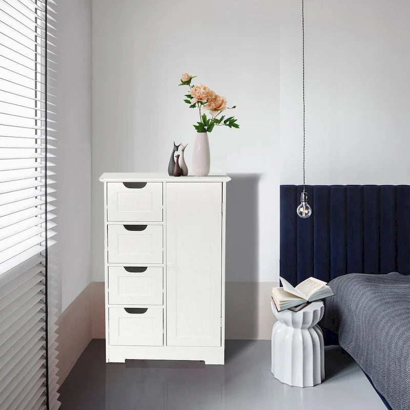 White Wood 4-Drawer 1-Door Bathroom Storage Cabinet - 32.68 H x 22.05 W x 11.81 D