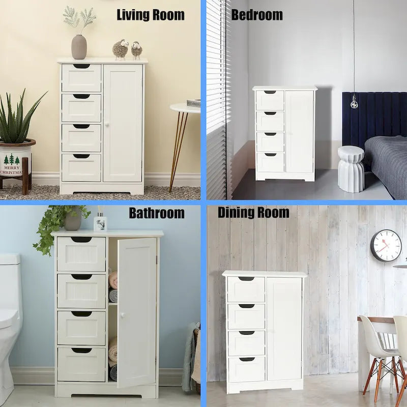 White Wood 4-Drawer 1-Door Bathroom Storage Cabinet - 32.68 H x 22.05 W x 11.81 D
