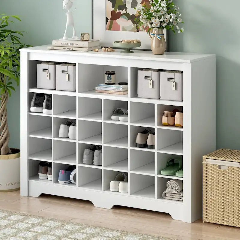 Sleek 24-Cubby Entryway Shoe Console Cabinet with Modern Curved Base and Open Storage