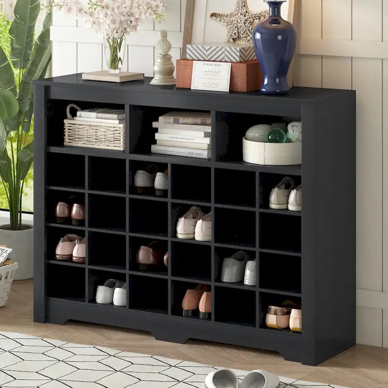 Sleek 24-Cubby Entryway Shoe Console Cabinet with Modern Curved Base and Open Storage