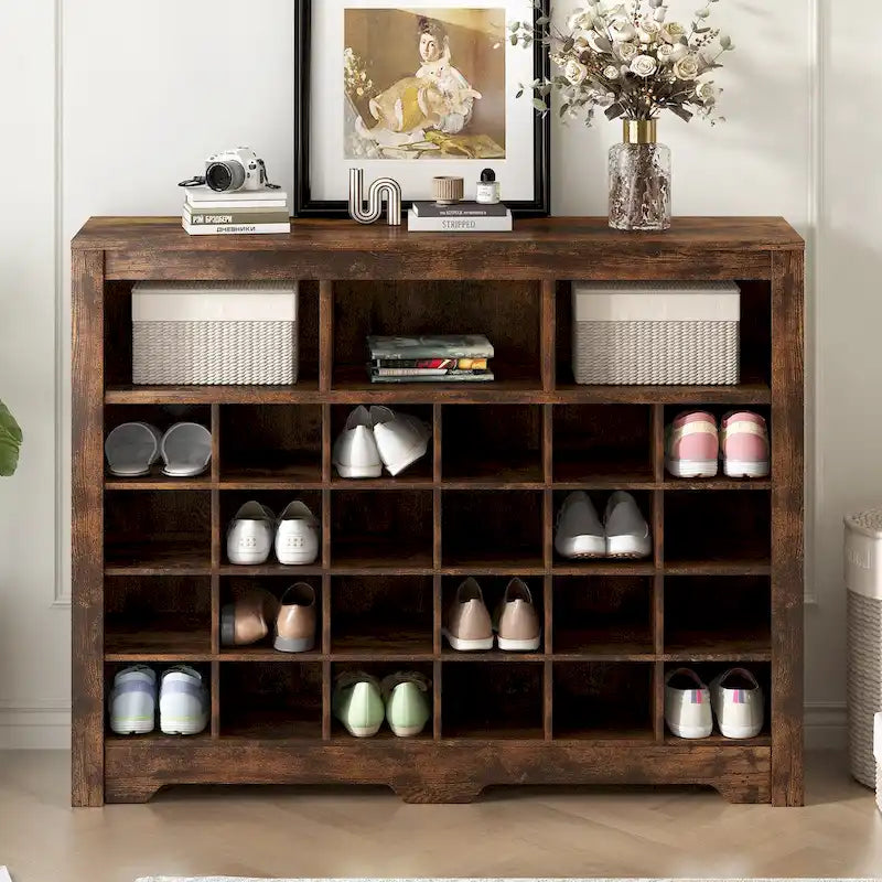 Sleek 24-Cubby Entryway Shoe Console Cabinet with Modern Curved Base and Open Storage