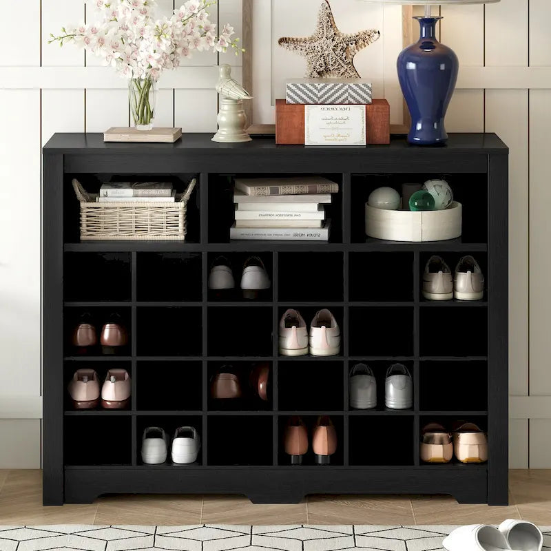 Sleek 24-Cubby Entryway Shoe Console Cabinet with Modern Curved Base and Open Storage