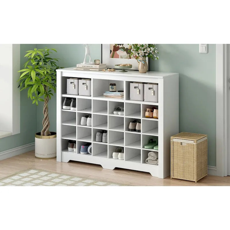 Sleek 24-Cubby Entryway Shoe Console Cabinet with Modern Curved Base and Open Storage