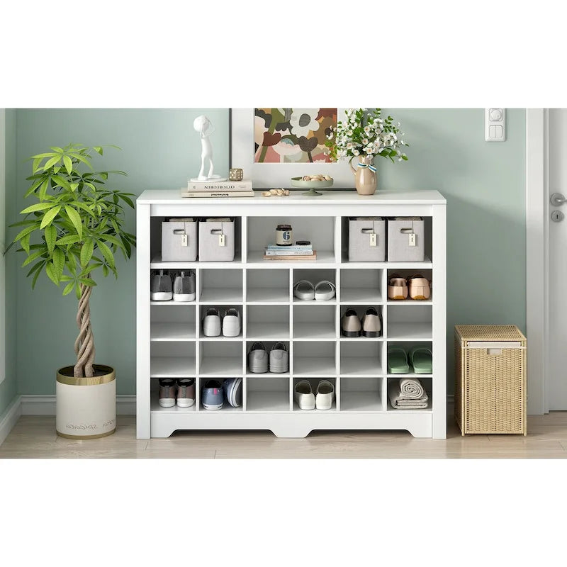 Sleek 24-Cubby Entryway Shoe Console Cabinet with Modern Curved Base and Open Storage