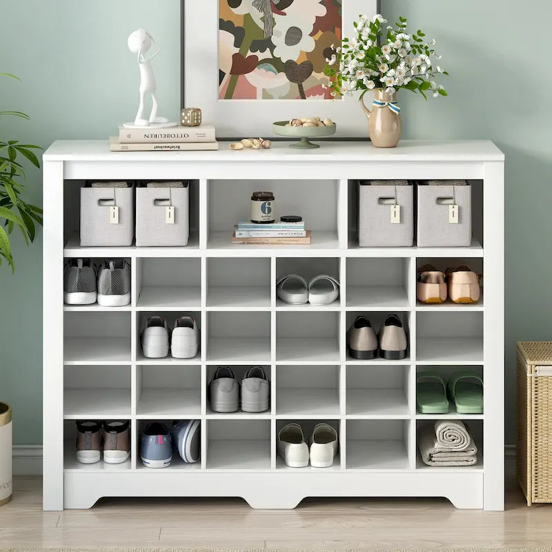 Sleek 24-Cubby Entryway Shoe Console Cabinet with Modern Curved Base and Open Storage