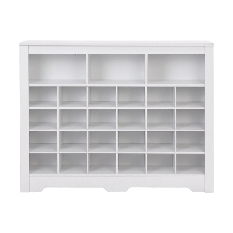 Sleek 24-Cubby Entryway Shoe Console Cabinet with Modern Curved Base and Open Storage