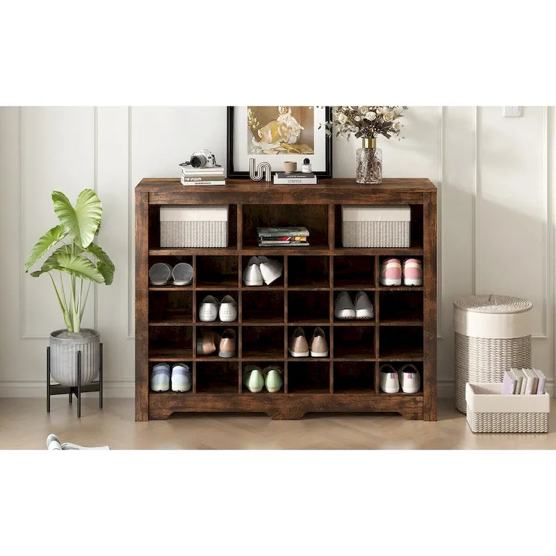 Sleek 24-Cubby Entryway Shoe Console Cabinet with Modern Curved Base and Open Storage