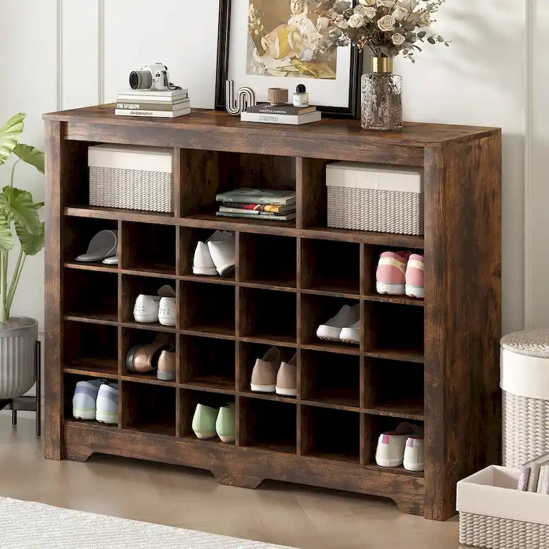 Sleek 24-Cubby Entryway Shoe Console Cabinet with Modern Curved Base and Open Storage