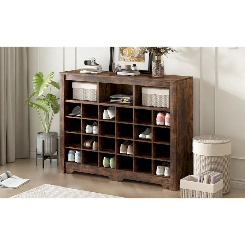 Sleek 24-Cubby Entryway Shoe Console Cabinet with Modern Curved Base and Open Storage