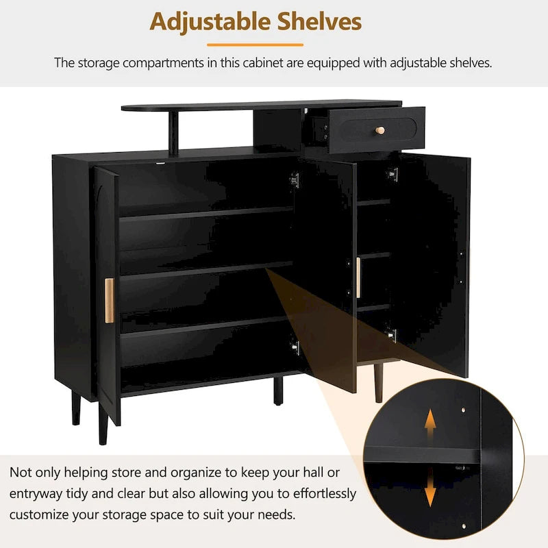Schuhschrank mit gewölbten Türen und Schublade, cremefarbenes Sideboard mit verstellbaren Einlegeböden und Beinen aus Massivholz