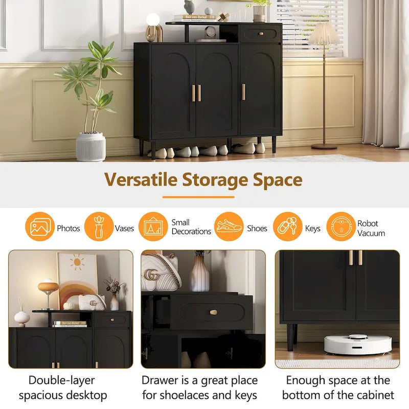 Schuhschrank mit gewölbten Türen und Schublade, cremefarbenes Sideboard mit verstellbaren Einlegeböden und Beinen aus Massivholz