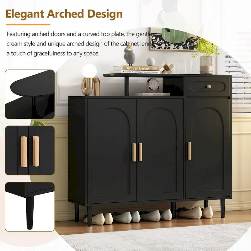 Schuhschrank mit gewölbten Türen und Schublade, cremefarbenes Sideboard mit verstellbaren Einlegeböden und Beinen aus Massivholz