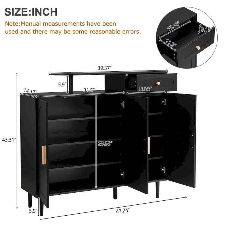 Schuhschrank mit gewölbten Türen und Schublade, cremefarbenes Sideboard mit verstellbaren Einlegeböden und Beinen aus Massivholz