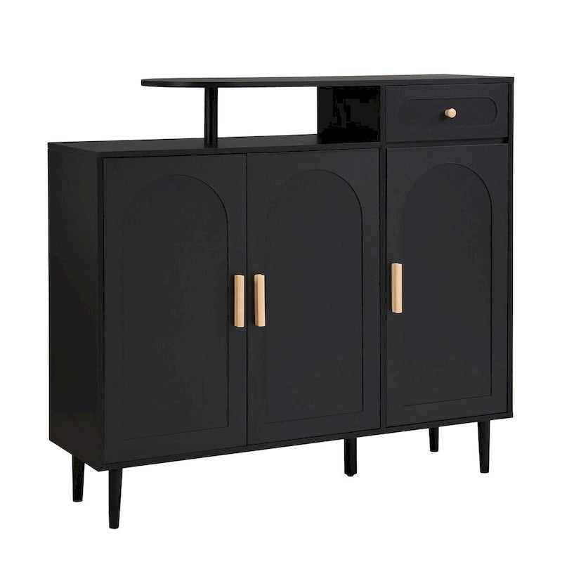 Schuhschrank mit gewölbten Türen und Schublade, cremefarbenes Sideboard mit verstellbaren Einlegeböden und Beinen aus Massivholz