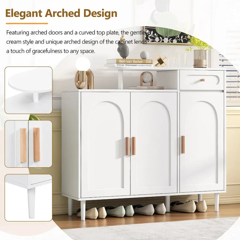 Schuhschrank mit gewölbten Türen und Schublade, cremefarbenes Sideboard mit verstellbaren Einlegeböden und Beinen aus Massivholz