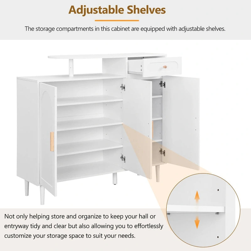 Schuhschrank mit gewölbten Türen und Schublade, cremefarbenes Sideboard mit verstellbaren Einlegeböden und Beinen aus Massivholz