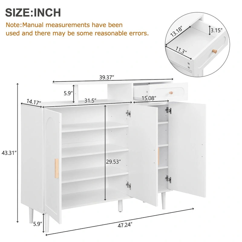 Schuhschrank mit gewölbten Türen und Schublade, cremefarbenes Sideboard mit verstellbaren Einlegeböden und Beinen aus Massivholz
