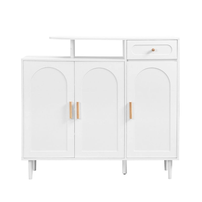 Schuhschrank mit gewölbten Türen und Schublade, cremefarbenes Sideboard mit verstellbaren Einlegeböden und Beinen aus Massivholz