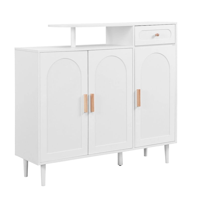 Schuhschrank mit gewölbten Türen und Schublade, cremefarbenes Sideboard mit verstellbaren Einlegeböden und Beinen aus Massivholz