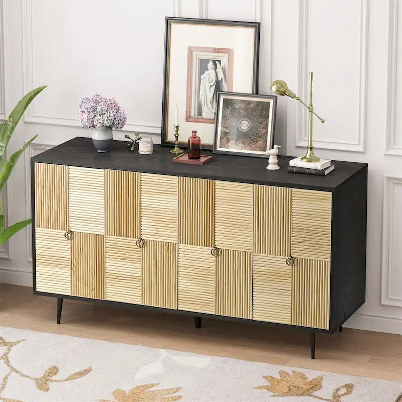 Elegant Vintage 4-Door Cabinet with Carved Effect Decoration Doors