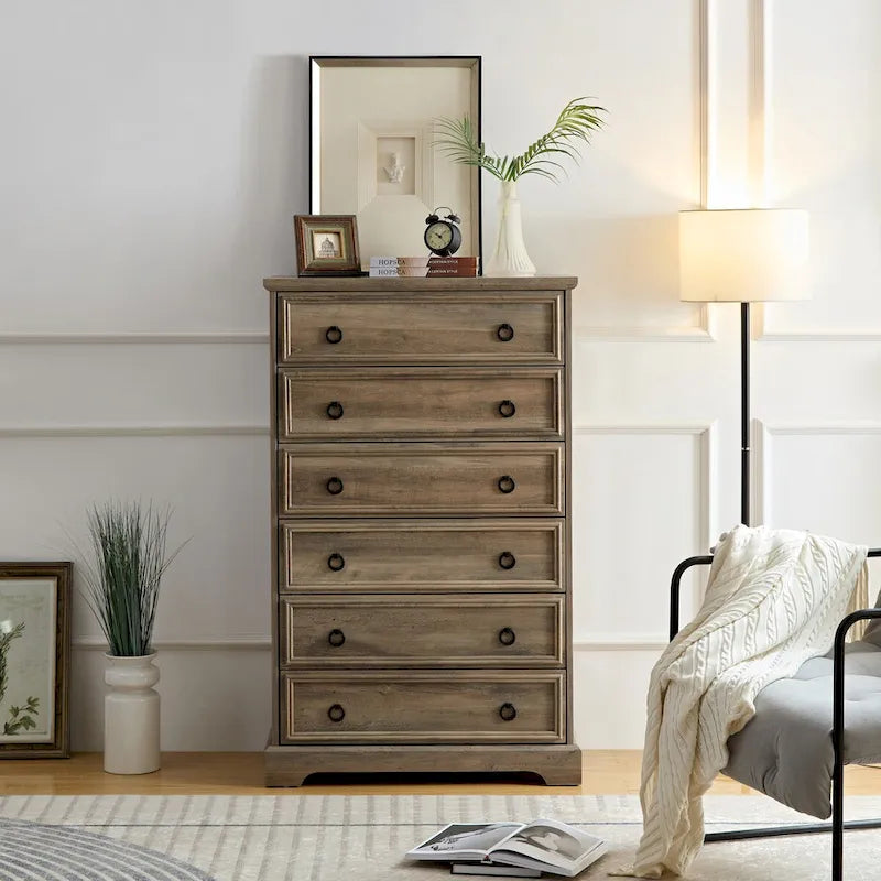 Commode moderne à 6 tiroirs avec glissières larges et dispositif anti-basculement pour chambre