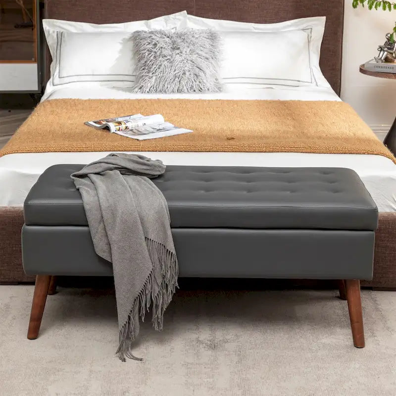 Upholstered Storage Bench with Hinged Lid and Wood Legs for Bedroom or Entryway
