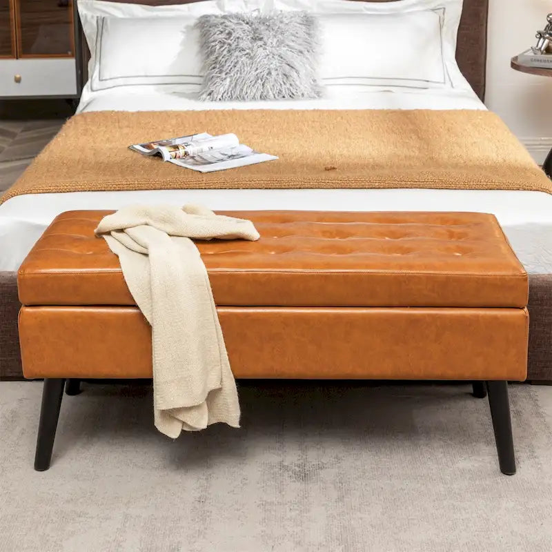 Upholstered Storage Bench with Hinged Lid and Wood Legs for Bedroom or Entryway