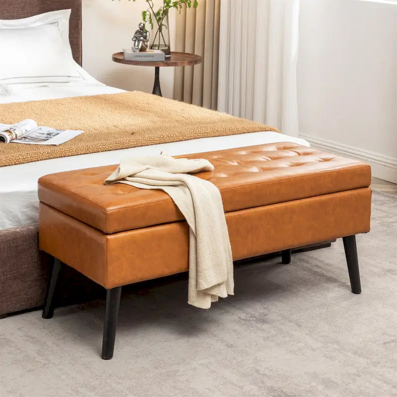 Upholstered Storage Bench with Hinged Lid and Wood Legs for Bedroom or Entryway