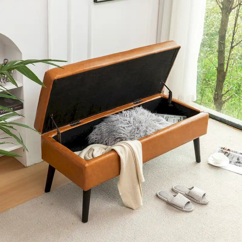 Upholstered Storage Bench with Hinged Lid and Wood Legs for Bedroom or Entryway