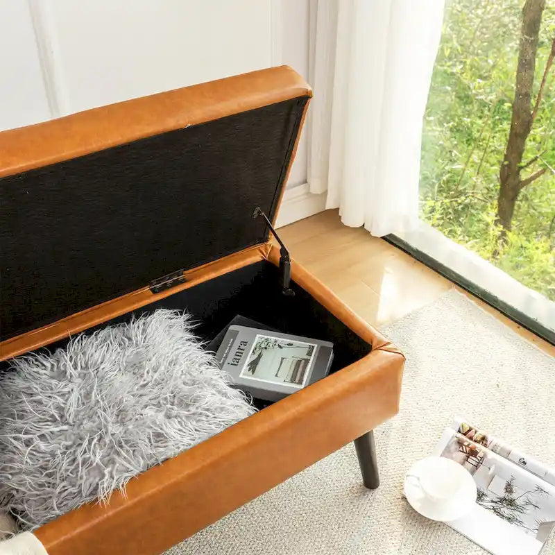 Upholstered Storage Bench with Hinged Lid and Wood Legs for Bedroom or Entryway