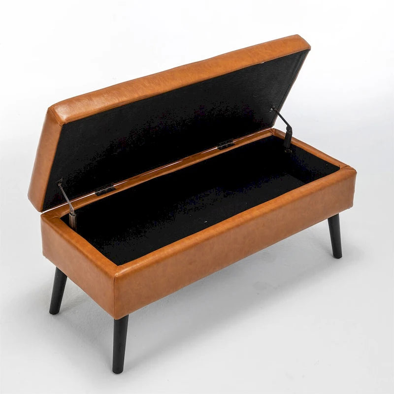 Upholstered Storage Bench with Hinged Lid and Wood Legs for Bedroom or Entryway