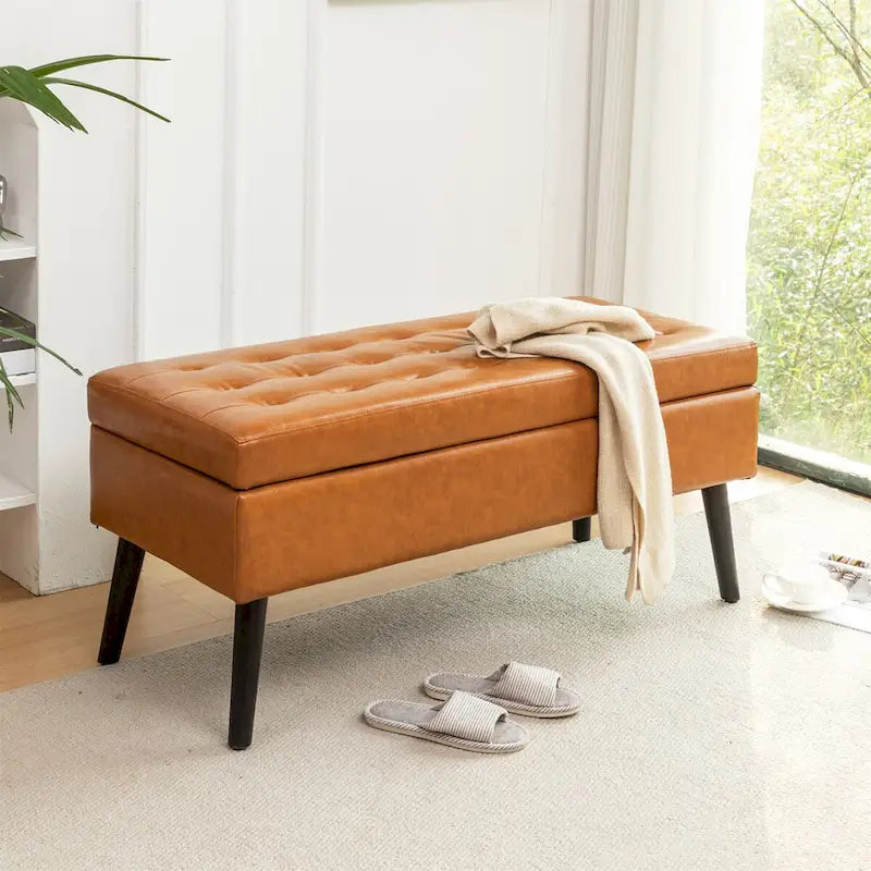 Upholstered Storage Bench with Hinged Lid and Wood Legs for Bedroom or Entryway