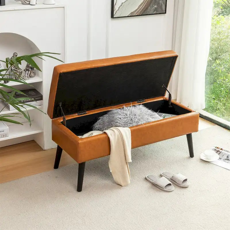 Upholstered Storage Bench with Hinged Lid and Wood Legs for Bedroom or Entryway