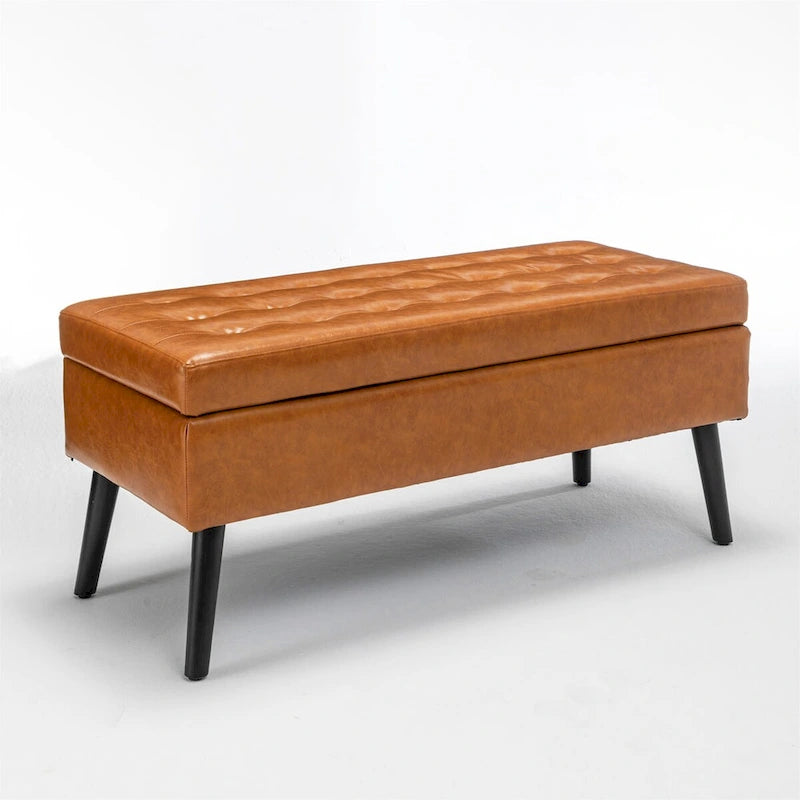 Upholstered Storage Bench with Hinged Lid and Wood Legs for Bedroom or Entryway