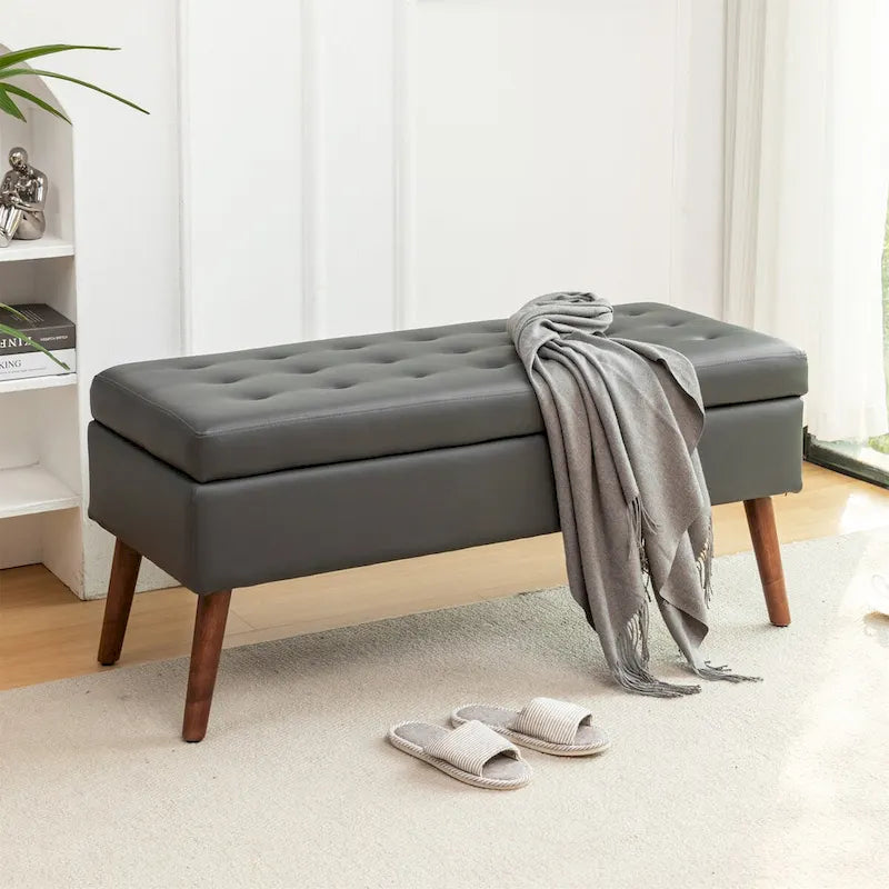 Upholstered Storage Bench with Hinged Lid and Wood Legs for Bedroom or Entryway