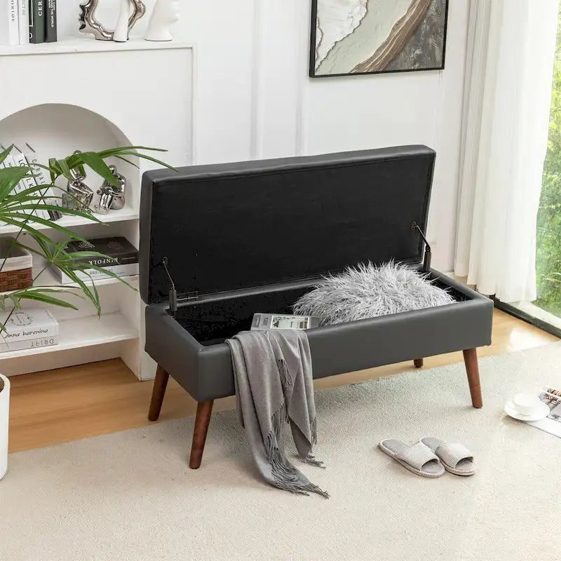 Upholstered Storage Bench with Hinged Lid and Wood Legs for Bedroom or Entryway